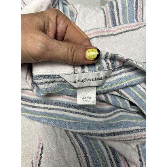 CHRISTOPHER BANKS Womens Sz L Linen Blend Top White‎ Stripe Metalic Thread - Picture 8 of 10